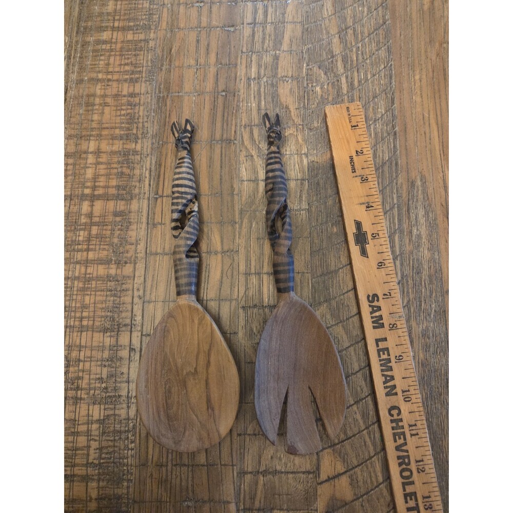Zebra Wooden Salad Servers Spoon & Fork, Hand Carved 10" Kenya African